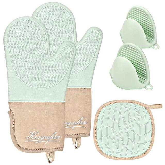 HaoYuFan Silicone Oven Mitts and Pot Holders Sets, Extra Long Oven Mitts Heat Resistant with Quilted Cotton Liner, Waterproof Kitchen Oven Mitts Set for Cooking and Baking, Light Green, 5Pcs