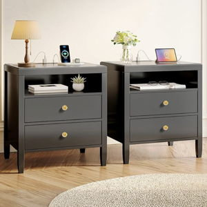 Huuger Black Nightstand Set of 2, Night Stand with Charger Station, Bedside Table with 2 Drawers, Bed Side Tables for Bedroom, Modern Nightstands, Metal Knobs, Painted Surface