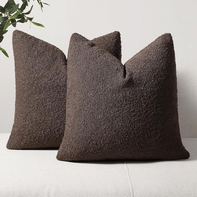 DEZENE Textured Boucle Throw Pillow Covers 18x18 Cocoa Brown for Bed Couch Sofa Living Room, Pack of 2 Square Soft Accent Decorative Pillow Cases (Covers ONLY)