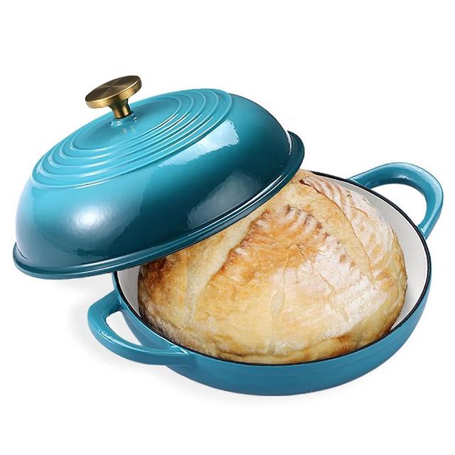 Enameled Round Cast Iron Bread Oven, 6 Qt Cast Iron Dutch Oven for Homemade Sourdough Bread Baking, Bread Dome Pot with Cloche Lid (Blue Green)
