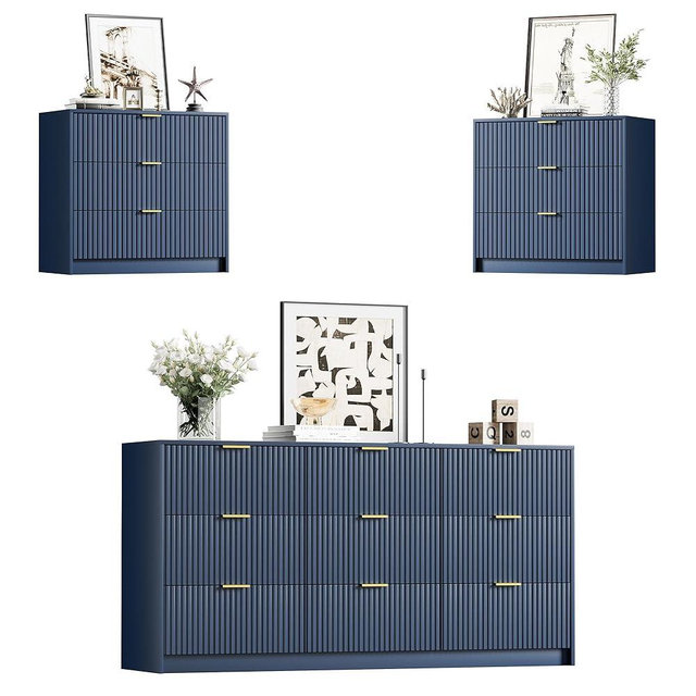 Furniway Blue Dresser Bedroom Set 3 Pieces, Nightstands Sets of 2, 9 Drawer Dresser with Gold Handles for Bedroom