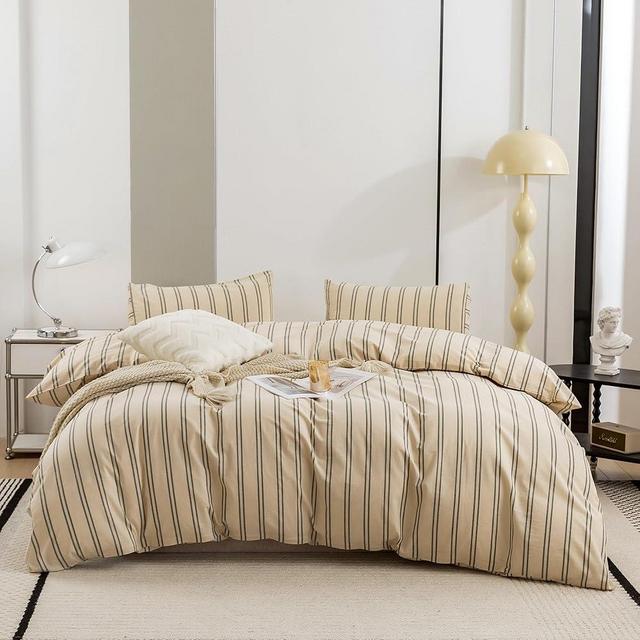 ECOCOTT Duvet Cover Queen Size - Linen Feel Textured Organic Natural 100% Washed Cotton, Reversible Striped Bedding Set with Zipper Closure, Dark Green