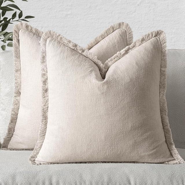 MIULEE Decorative Throw Pillow Covers Neutral Linen Fringe Throw Pillows Set of 2 Natural Beige Boho Farmhouse Cushion Covers with Tassels for Couch Sofa Bed Living Room Spring Home Decor 18x18 Inch