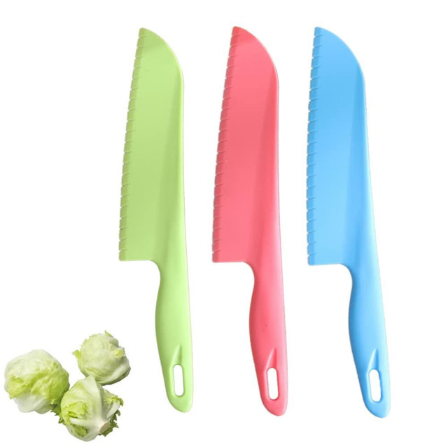 Professional Lettuce Knife to Prevent Browning, Jawbush 11" Plastic Serrated Knifes for Veggies, Fruit, Cake, Salad, Chef Knife for Cooking and Cutting - Safe & Durable Nylon Knife Set, 3 Pieces