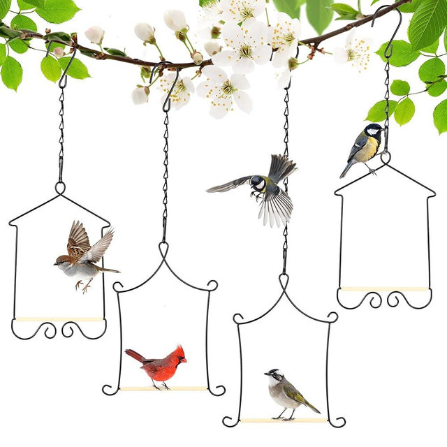 XYADX 4PK Metal Frame Hummingbird Swings and Perches with Wooden Dowel Black Bird Swing Outdoor Bird Perch Humming Bird Swing
