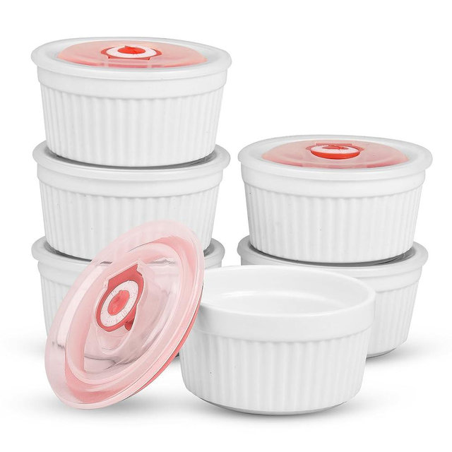 HATHMZ Ramekins with Lids, Pack of 6, 8oz White - Porcelain Creme Brulee Ramekins & Souffle Dishes for Oven - Scratch Resistant & Stackable - Ramekin Ideal for Serving and Baking
