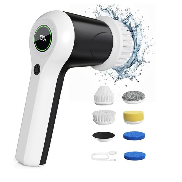 PUFTEM Electric Spin Scrubber, Cordless Shower Scrubber with Battery Level Display, 2 Speeds Electric Scrubber for Cleaning with 6 Replaceable Heads, Cleaning Brush for Bathroom/Sink/Window