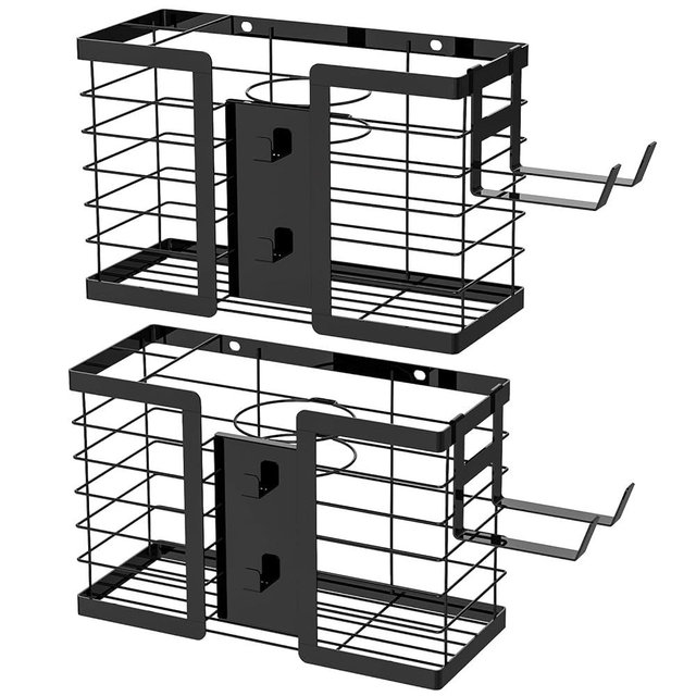 Hair Tool Organizer Hair Dryer Holder, 3 in 1 Metal Bathroom Blow Dryer Organizer Wall Mount for Flat Iron, Curling Iron, Straightener, Hair Care & Styling Tools Storage and Organizer (Black)-2pcs