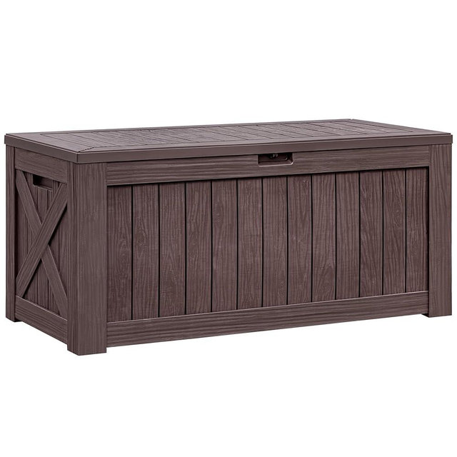 Flamaker Resin Deck Box 120 Gallon Waterproof Large Outdoor Indoor Storage Box Imitation Wood Resin for Patio Furniture Garden Tools and Pool (Deep Brown)