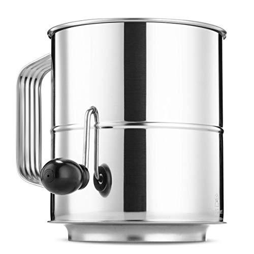 Flour Sifter 8 Cup Stainless Steel Rotary Hand Crank, Baking Sugar Sifter with 16 Fine Mesh Screen, Corrosion Resistant - Bake & Decorate Cakes, Pies, Pastries, Cupcakes