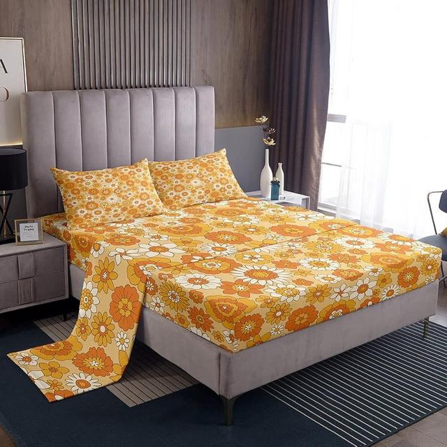 60S 70S Retro Floral Bed Sheets Full Beige Groovy Flowers Bedding Set Colorful Hippie Sheet Set For Kids Girls Teen Vintage Bohemian Colorful Blossom Fitted Sheet + Flat Sheet + 2 Pillow Cases