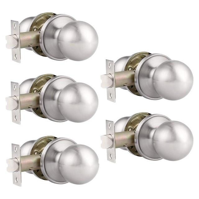 Probrico(5 Pack Hall/Closet Room Round Door Knob,Passage Function for Hall/Closet,Interior Door Door Lock Handle Satin Nickel Finish, Keyless(Non-Locking Knobs) Interior Door Handles Locks