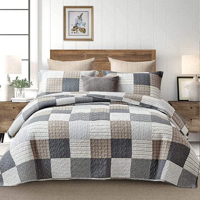 Quilt King Size, 100% Cotton King Quilt, Brown Grey King Size Quilt, Patchwork Plaid Lightweight Reversible Quilt Bedding Set for All Season, 3-Pieces