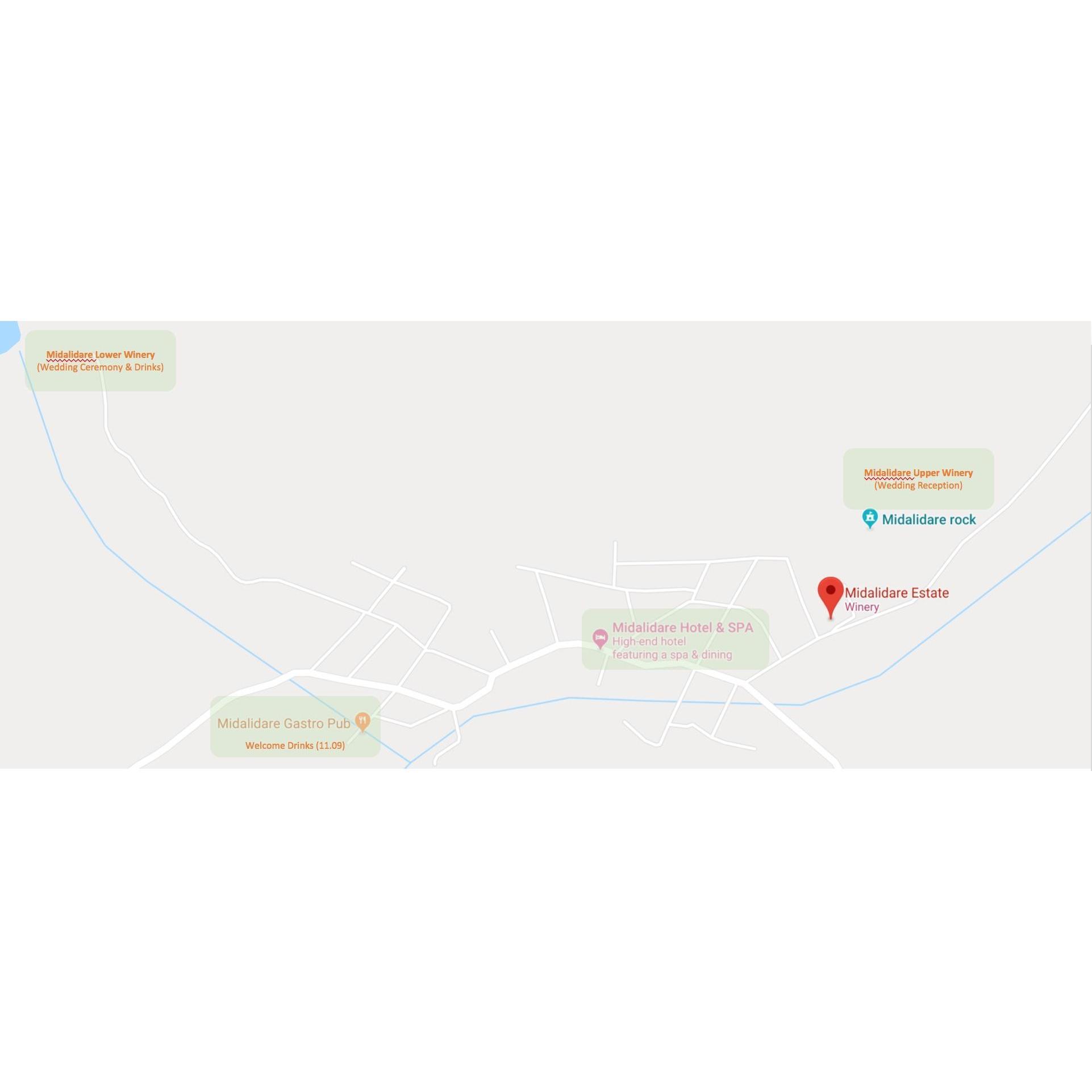 Map of all 4 locations:

Midalidare Main/Upper Winery - Wedding Reception
Midalidare Hotel - Accommodation
Midalidare Gastropub - Welcome drinks and Accommodation
Midalidare Lower Winery - Ceremony
