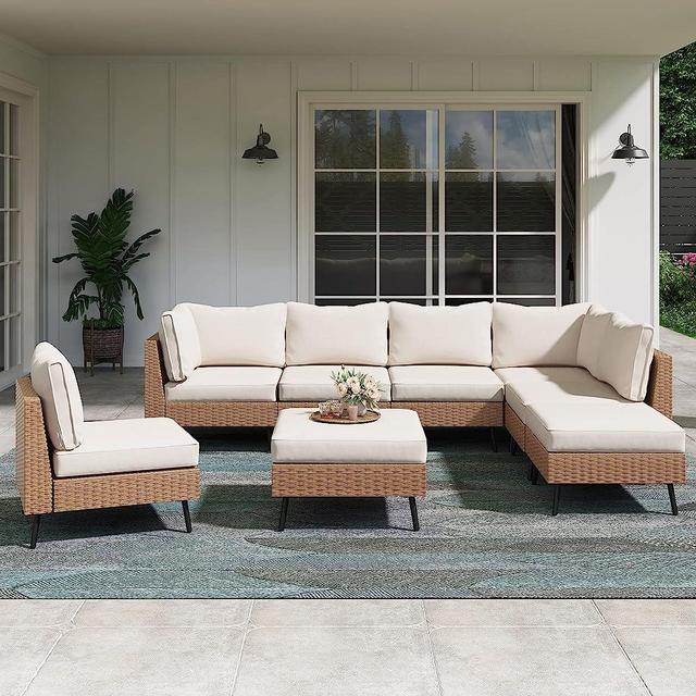 LAUSAINT HOME Outdoor Patio Furniture, 8 Piece Outdoor Sectional Sofa PE Rattan Wicker Patio Conversation Sets,All Weather Patio Furniture Set with Thick Cushions for Garden, Poolside, Backyard(Beige)
