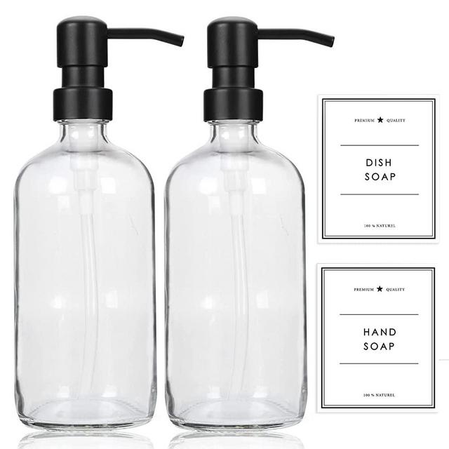 KUSVADO 16 Oz Thick Round Glass Soap Dispenser with 304 Rustproof Stainless Steel Pump, Kitchen Bathroom Liquid Soap Dispenser with 8 Pcs Waterproof Labels, 2-Pack (Clear Bottles+Black Pumps)