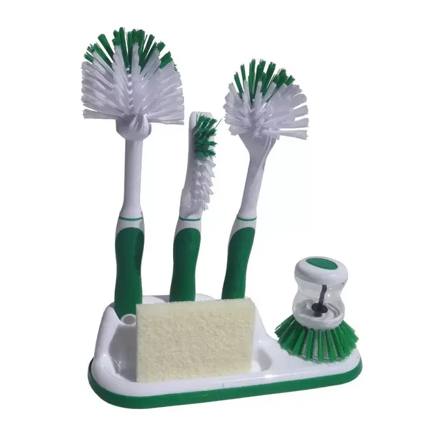 Powerstone Pumice 6-Piece Kitchen Cleaning Supplies Set - Green | Includes 4 Brushes, Sponge Scrub & Holding Tray Durable Long-Handled