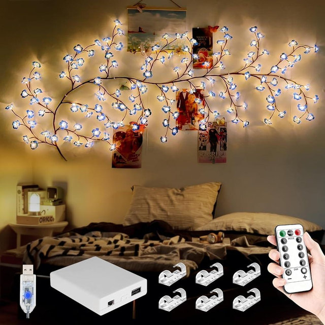 FNHMSL Cherry Enchanted Willow Vine Lights, 7.55FT 144LED Blue Cherry Blossom Tree Branch Lights for Wall, Remote Timer,8 Light Model,Bedroom Wall Doors Wedding, Christmas, USB Battery Box