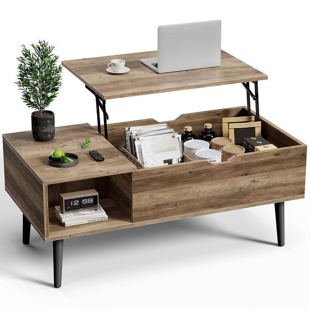 OLIXIS Wooden Coffee Table, Lift Top Coffee Table with Large Hidden Compartment and Ample Storage Shelf, Lift Tabletop Dining Table for Living Room, Home Small Space, Grey