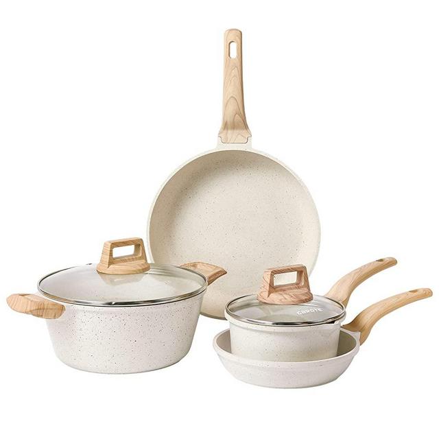 Carote Nonstick Cookware Set,6 Pcs Nonstick Cookware Set Pan and Pot,Icecream, White Granite