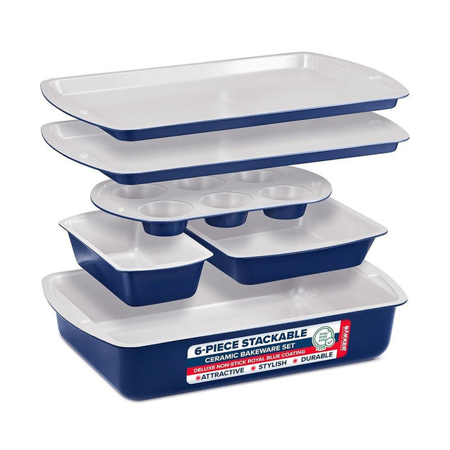 BAKKEN 6-Piece Kitchen Baking Pan Set - Royal Blue Color with Gray Ceramic Nonstick Coating, Commercial Grade Carbon Steel Bakeware, Baking Essentials, PFOA, PFOS, PTFE Free, Oven Safe (Up To 450° F)