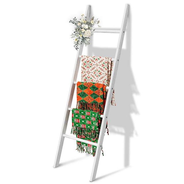 5-Tier Blanket Ladder Wooden, 5.3FT(63'') Blanket Quilt Towel Holder Rack Decorative Ladder, Easy Assembly, Rustic Farmhouse Ladder Shelf for The Living Room Bedroom Bathroom Home Decor, White Wash