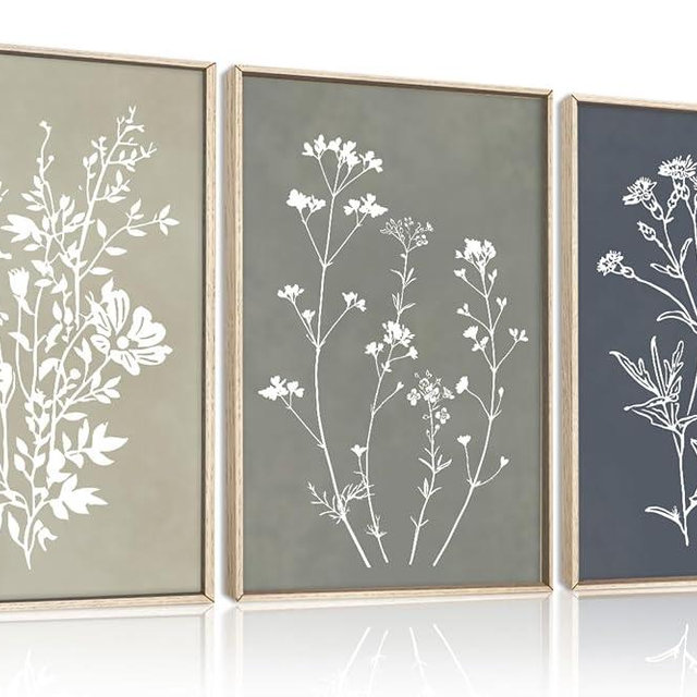 HOURIA Boho Vintage Floral Silhouette Framed Canvas Wall Art Set,Minimalist Modern White Line Wildflowers Wall Decor,Neutral Rustic Flower Botanical Artwork for Living Room,Bedroom,Farmhouse-16"x24"x3