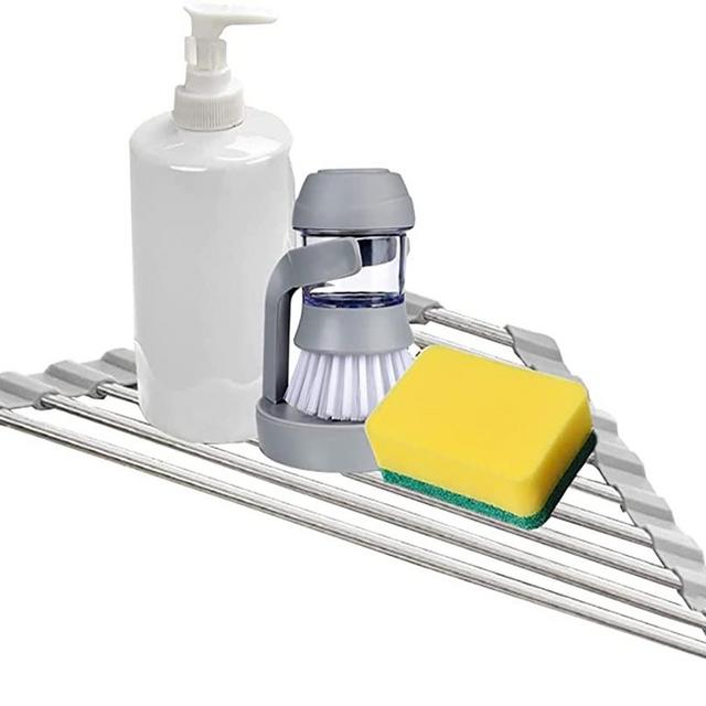 Anti-Rust Stainless Steel Caddy Sponge Holder, Multi-Function Roll-up Drying Rack for Sink Corner Kitchen (Gray)