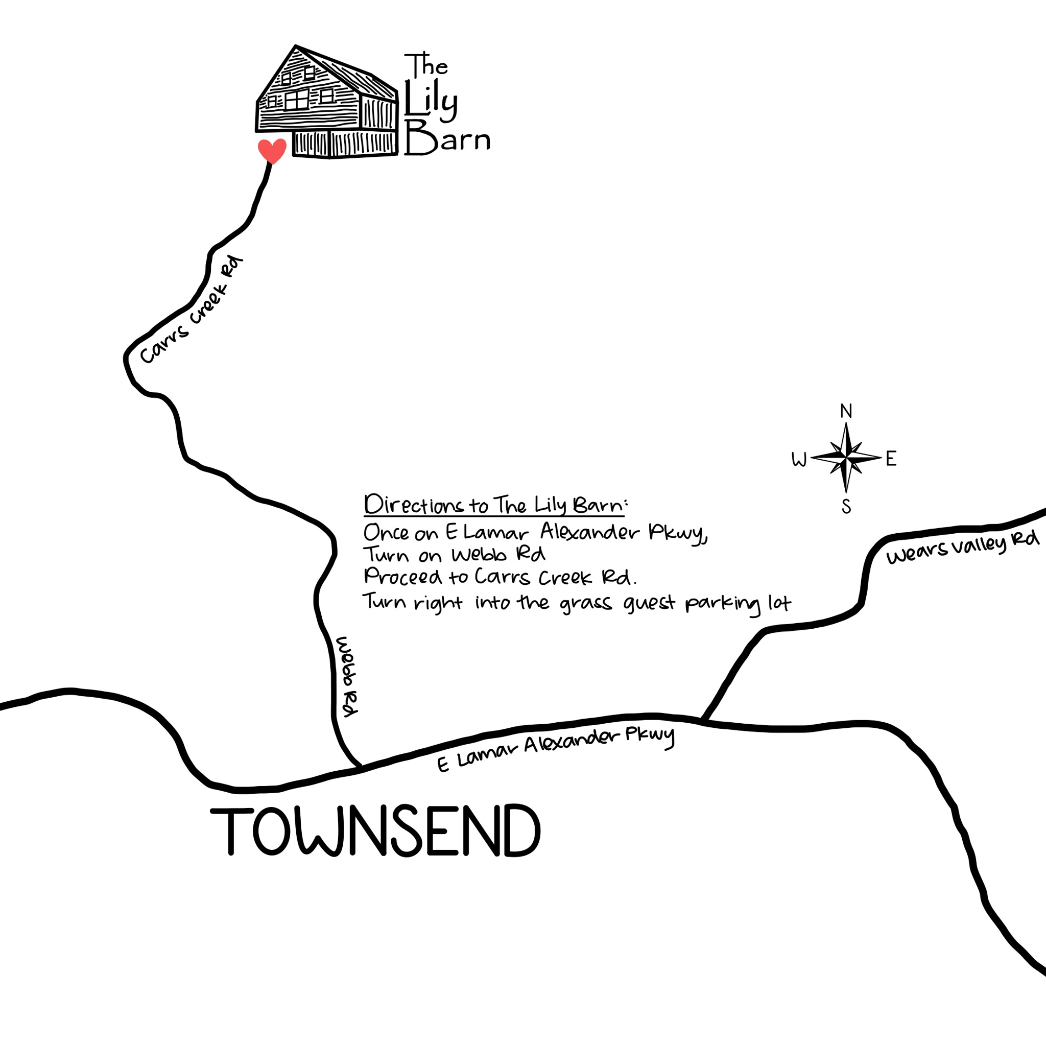 Here are directions and a drawn out map of the major roads to the Lily Barn! Download for your reference