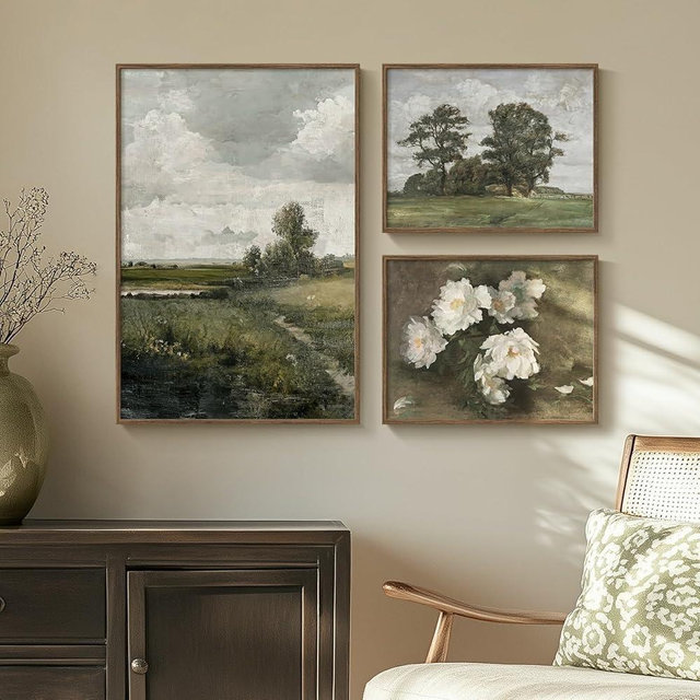 Framed Vintage Landscape Wall Art for Living Room, 3 Piece Nature Green Farmhouse Botanical Forest Canvas painting Print, French Country Retro Flower Artwork for Bedroom Fireplace Hallway Home Office Wall Decor