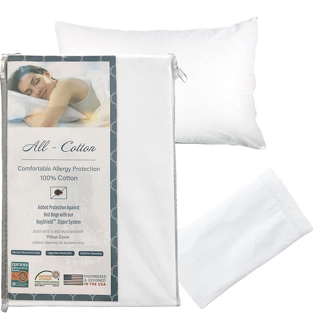 National Allergy Premium 100% Cotton Zippered Pillow Protector - Standard Size - White - 300 Thread Count - Hypoallergenic Bed Pillowcase with Zipper - Breathable Encasement Cover