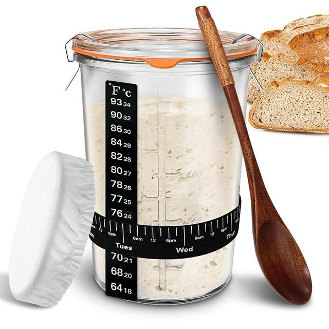 TOKPELA Sourdough Starter Jar Glass, Wide Mouth Sourdough Starter Jars, Sourdough Starter Kit with Wooden Spoon, Cloth Cover, Glass Lids, Sourdough Starter Jar 27oz for Sourdough Bread Baking Supplies