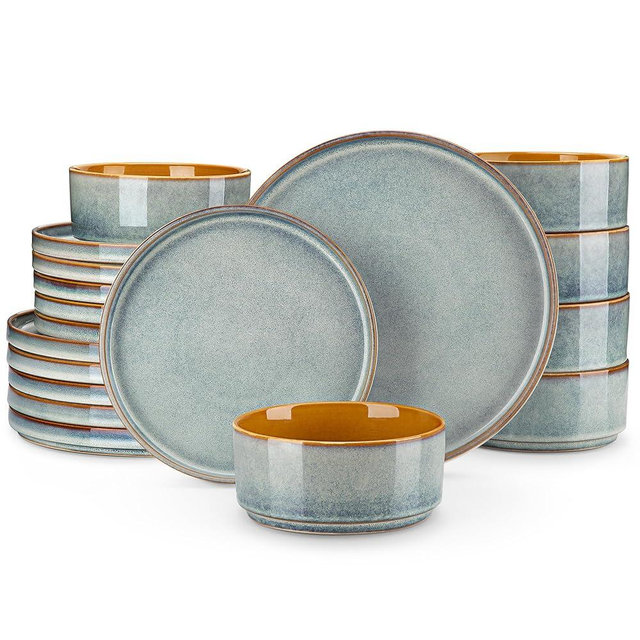 vancasso ONION Ceramic Plates and Bowls Sets, 18 Pieces Light Blue Dinnerware Sets for Kitchen, Reactive Glaze Dishes Set for 6, Dishwasher and Microwave Safe