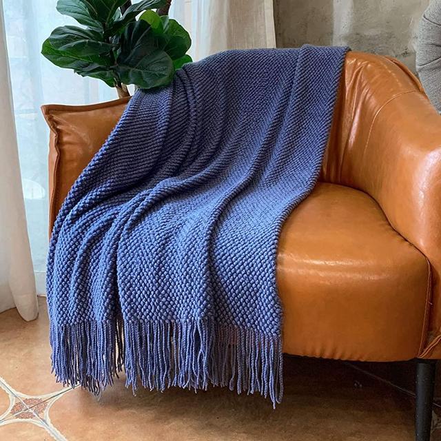 LOMAO Knitted Throw Blanket with Tassels Bubble Textured Lightweight Throws for Couch Cover Home Decor (Navy, 50x60)