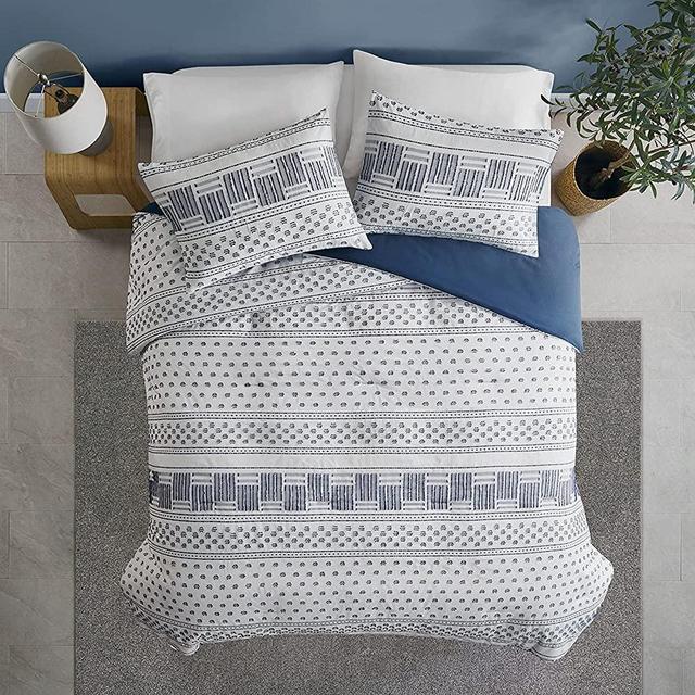 Modern Navy Bedding, Blue King / Cal King Farmhouse Comforter Set, Cotton Top with Boho Style Clipped Jacquard Stripes 3-Pieces /W Matching Pillow Shams (104x90 inches, Navy)