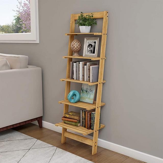 Lavish Home 5-Tier Ladder Bookshelf- Leaning Decorative Shelves, Pickled Oak