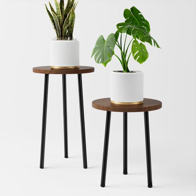 SAKSUN 2 Pack Plant Stand, Tall Metal Wood Shelf Holder for Indoor, Small Round Side End Table Beside Sofa- Outdoor Rack Shelves for Corner Patio, Garden, Balcony -Walnut- Plant and Pot NOT Included