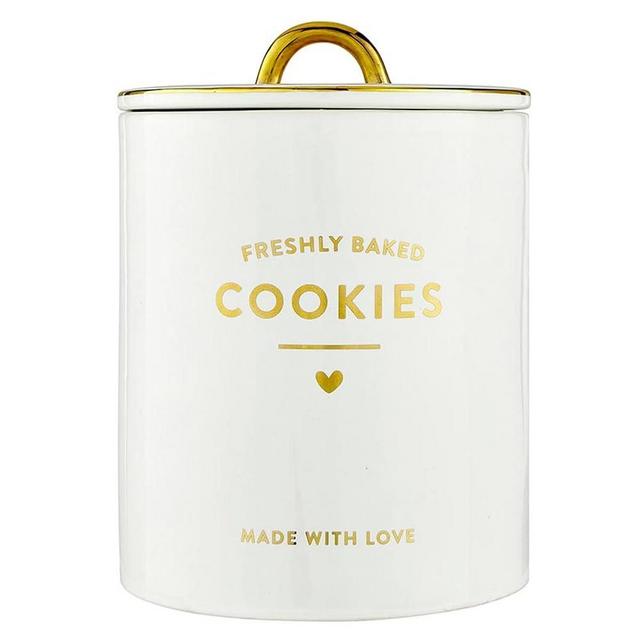 Santa Barbara Design Studio Ceramic Cookie Jars for Kitchen Counter White and Gold Foil Cookie Jar with Airtight Lid, 6" Dia x 8" H, Freshly Baked Cookies
