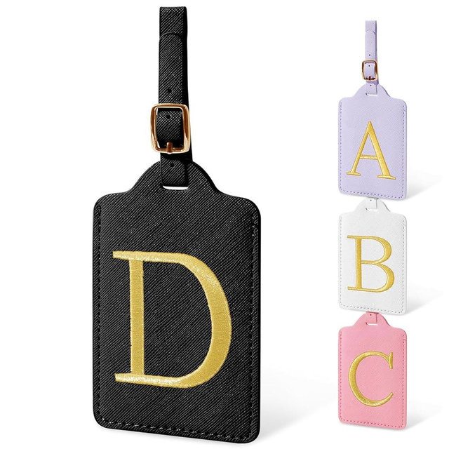 Initial Letter Luggage Tags for Suitcases, Embroidered Monogrammed Suitcase Luggage Identifier Name Tag, PU Leather TSA Approved Luggage Tags, Bag Tags for Men Women Kids Luggage Handbags(Black D)