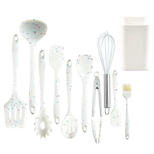 Aeelue 11 Pcs Silicone Cooking Utensils Kitchen Utensil Set,Turner,Tongs,Spatula,Spoon,Brush,Egg Beater. Colorful Silicone Kitchen Gadgets Tools Set for Nonstick Cookware (Colored dots)