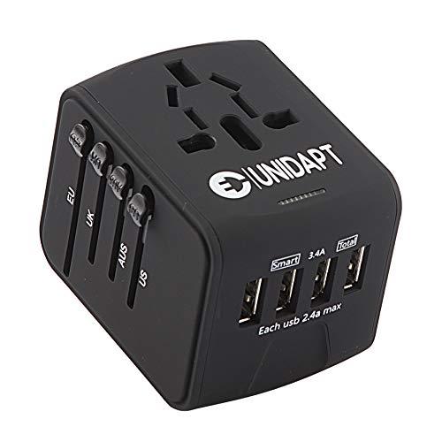 Unidapt International Power Adapter Travel Charger - All in One Universal World USB Travel Adaptor with 4-USB for Euro, AU, UK, USA - 160 Countries (Black)