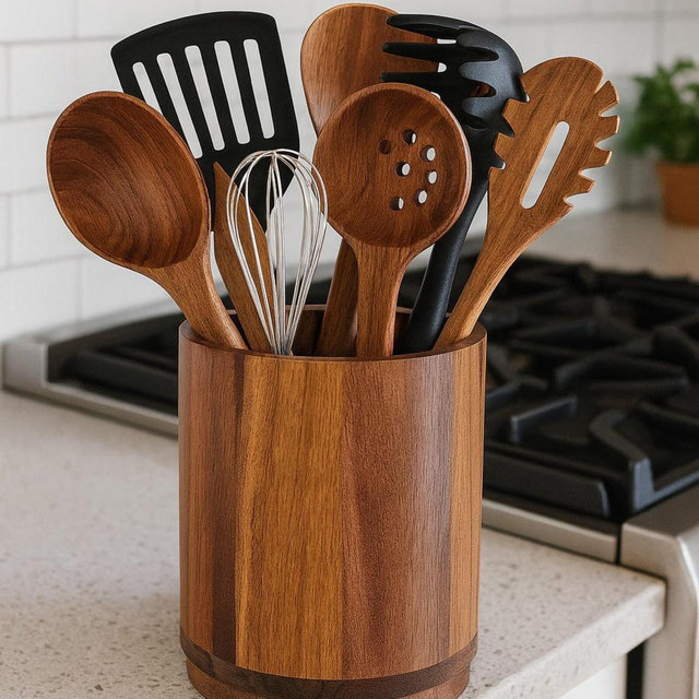 Wood Utensil Holder for Kitchen Counter | Rotating Wooden Cooking Utensil Crock for Countertop | Farmhouse Kitchen Decor