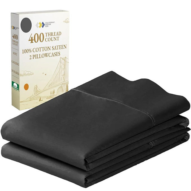 California Design Den King Size Pillowcase Set - 400 Thread Count, 100% Cotton Sateen, Luxury Set of 2 Pillow Covers, Breathable, Cooling, Soft for Comfortable Quality Sleep - Black