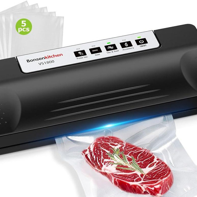 Bonsenkitchen Vacuum Sealer Machine for Food, Multi-Functional Food Sealer, Automatic Operation Mode, Commercial Grade, Compact Design, with 5 Vacuum Bags, Black-Silver