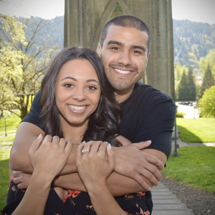 One of our engagement photos taken at the Saint John's Bridge in Portland, Oregon.