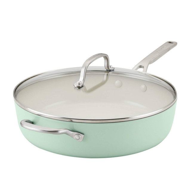 KitchenAid Hard Anodized 5qt Nonstick Ceramic Saute Pan with Lid - Pistachio: Large 12.1" Sautee Pan, Tempered Glass Lid