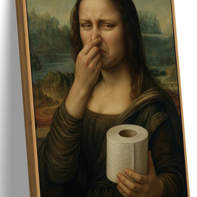 Framed Funny Bathroom Wall Art, Mona Lisa Holding Her Nose Bathroom Art Canvas Print, Vintage Whimsical Bathroom Picture Wall Decor for Restroom Toilet 8x10 Inch