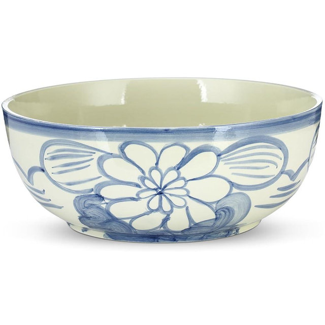 LemonRoad Large Blue and White Bowl Hand Painted Stoneware Decorative Bowls 16" x 7.7'' Floral Chinoiserie Ceramic Planter XL Pottery Porcelain Rice Bowl for Cereal Fruit Serving Kitchen Centerpiece