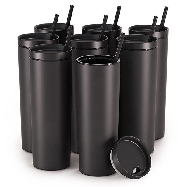 Maars Skinny Acrylic Tumbler with Lid and Straw | 18oz Premium Insulated Double Wall Plastic Reusable Cups - Matte Black, 4 Pack