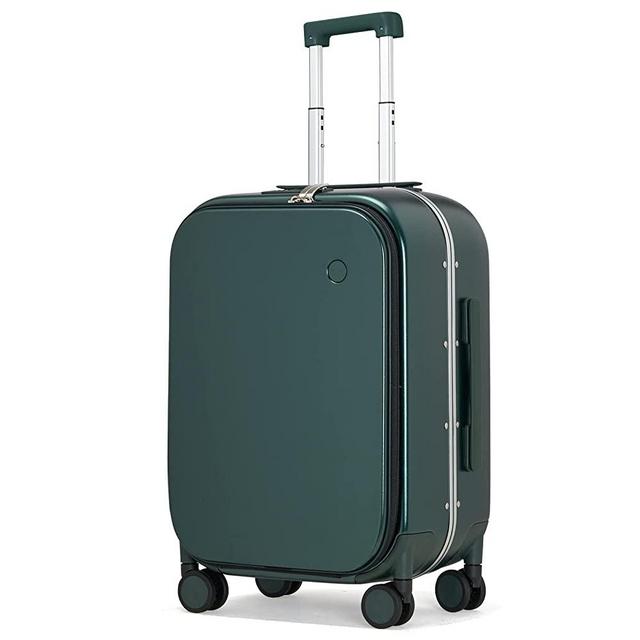Carry On Luggage, 20'' Suitcase with Front Laptop Pocket, Travel Rolling Luggage Aluminum Frame PC Hardside with Spinner Wheels & TSA Lock and Cover - Blackish Green